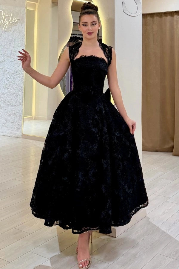 Aline Black Tea Length Evening Dress Square Neck Lace Formal Dress