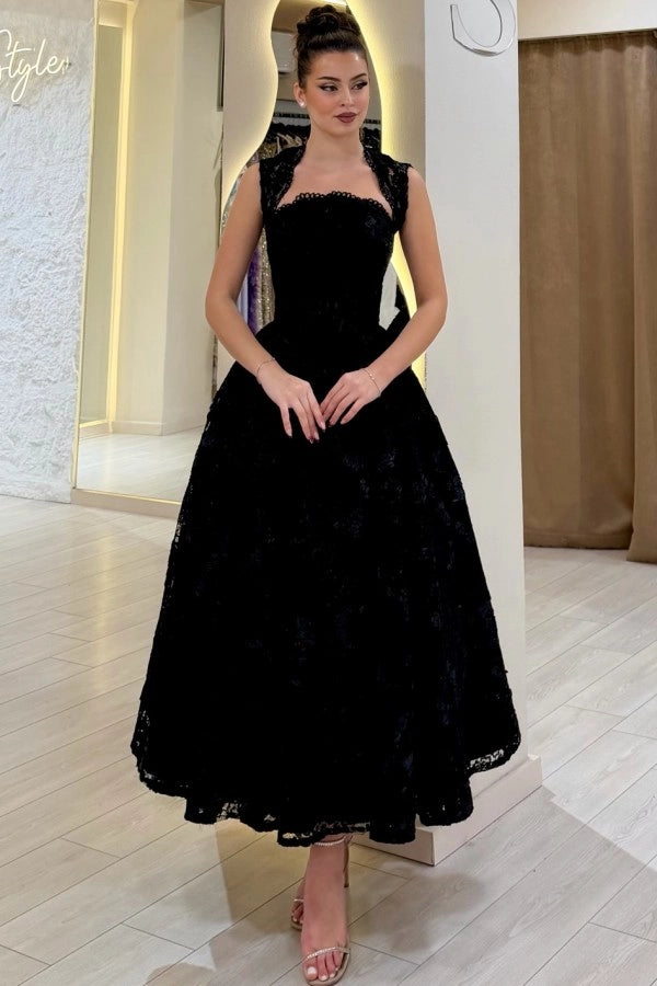 Aline Black Tea Length Evening Dress Square Neck Lace Formal Dress