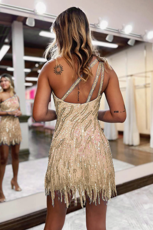 Sparkly Blue One Shoulder Sequins Tight Short Hoco Dress with Fringes