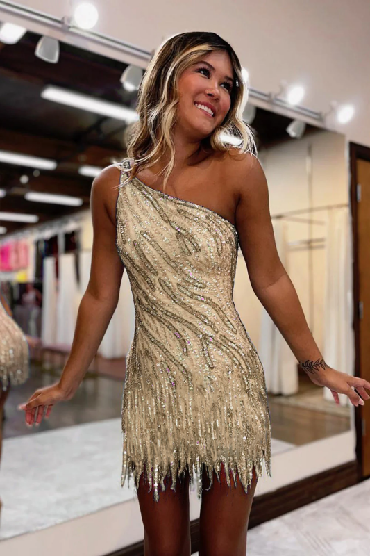 Sparkly Blue One Shoulder Sequins Tight Short Hoco Dress with Fringes
