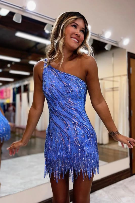 Sparkly Blue One Shoulder Sequins Tight Short Hoco Dress with Fringes