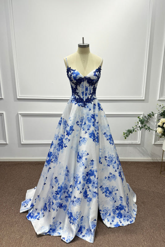 Blue Spaghetti Straps Appliques Sleeveless A-Line Prom Dress - Prom Dresses