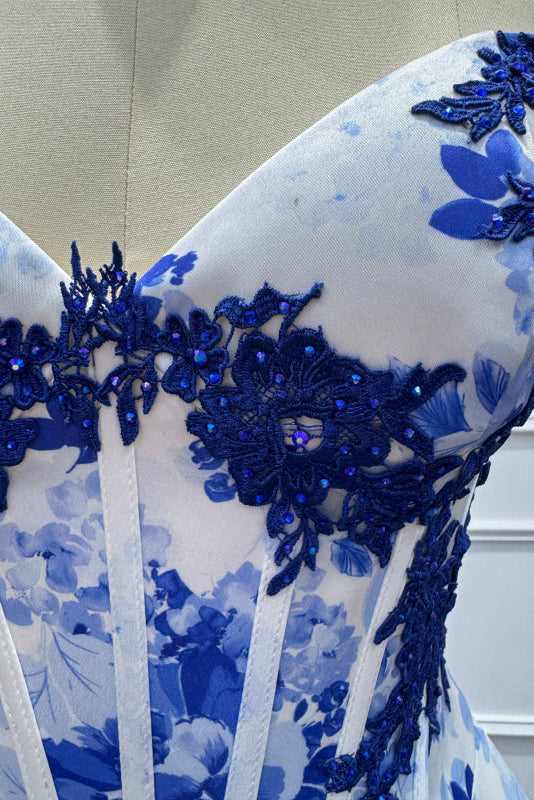 Blue Spaghetti Straps Appliques Sleeveless A-Line Prom Dress - Prom Dresses