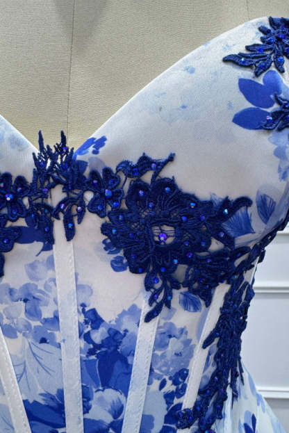 Blue Spaghetti Straps Appliques Sleeveless A-Line Prom Dress - Prom Dresses