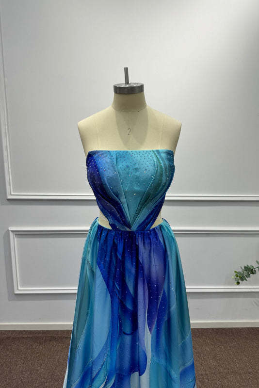 Blue Strapless Sleeveless A-Line Prom Dress - Prom Dresses