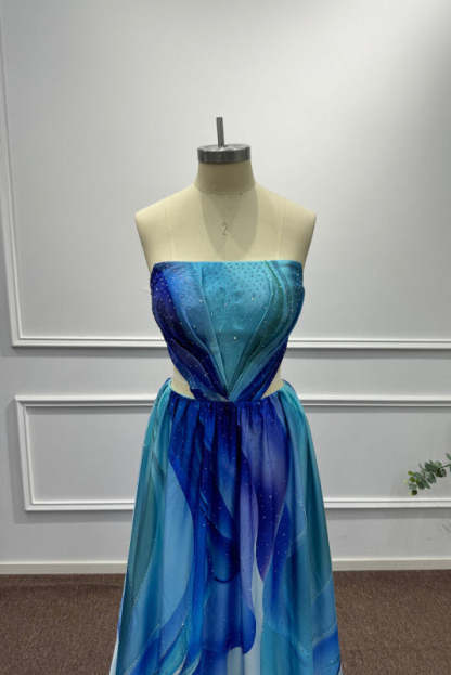 Blue Strapless Sleeveless A-Line Prom Dress - Prom Dresses
