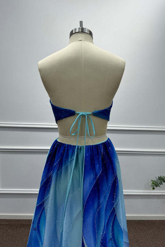 Blue Strapless Sleeveless A-Line Prom Dress - Prom Dresses