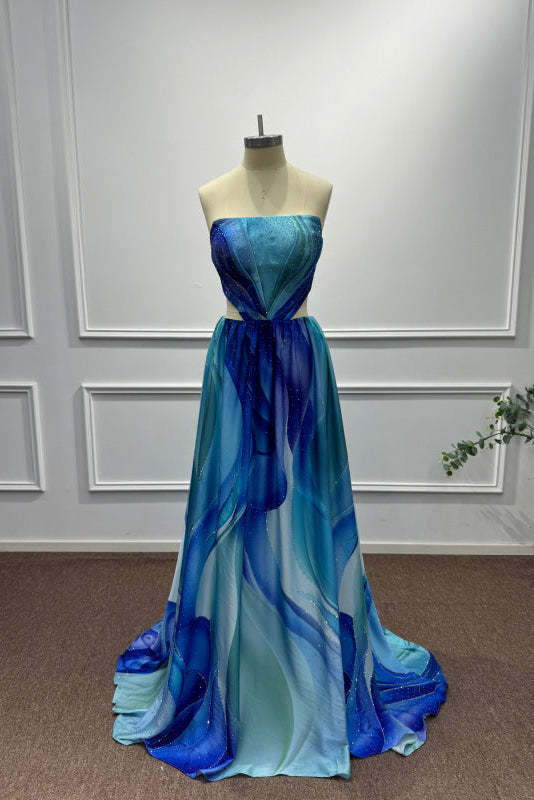 Blue Strapless Sleeveless A-Line Prom Dress - Prom Dresses
