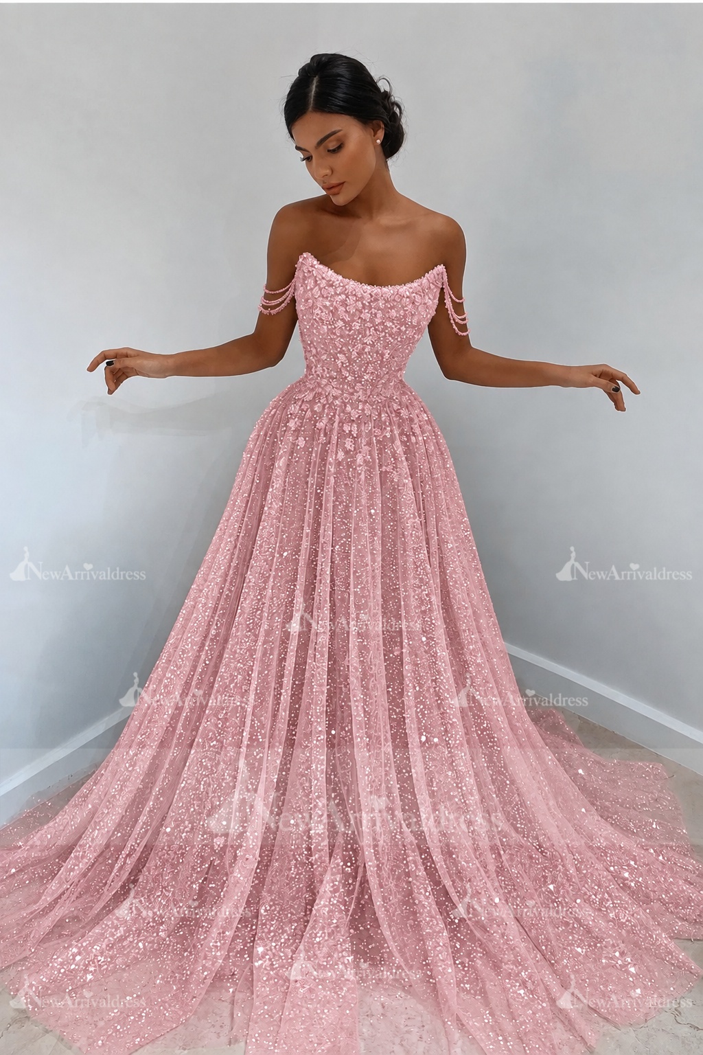 Beautiful Long A-line Sweetheart Sequined Prom Dress Off Shoulder Sky Blue Long Evening Dress