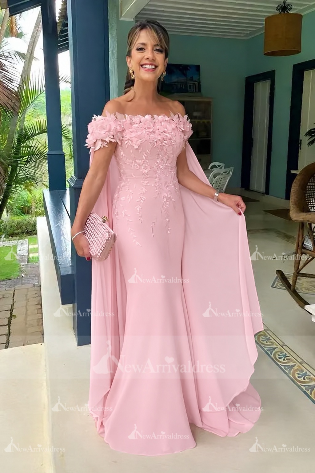 Off-the-Shoulder Pink Chiffon Flowers Long Mother of the Bride Dress with Cape