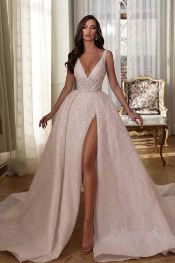 Gorgeous Aline Wedding Dress V-neck Sleeveless Front Split Bridal Dress with Sequins