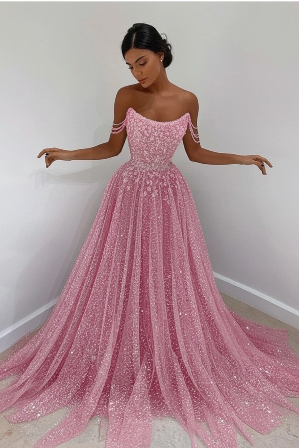 Beautiful Long A-line Sweetheart Sequined Prom Dress Off Shoulder Sky Blue Long Evening Dress