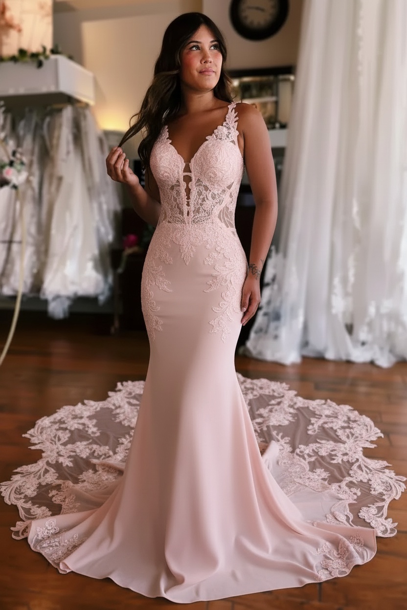 Gorgeous Sleeveless Mermaid Wedding Dress V-Neck Floral Lace Bridal Gown