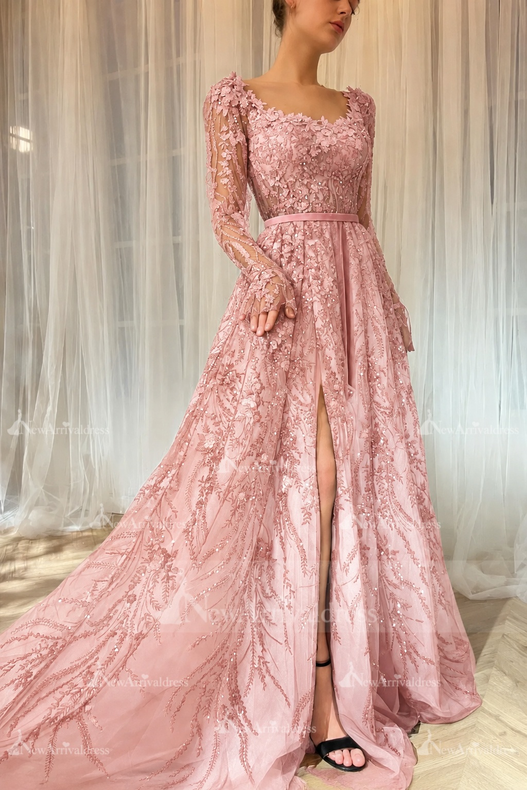 Elegant Black Sequins Aline Evening Dress with Sleeves