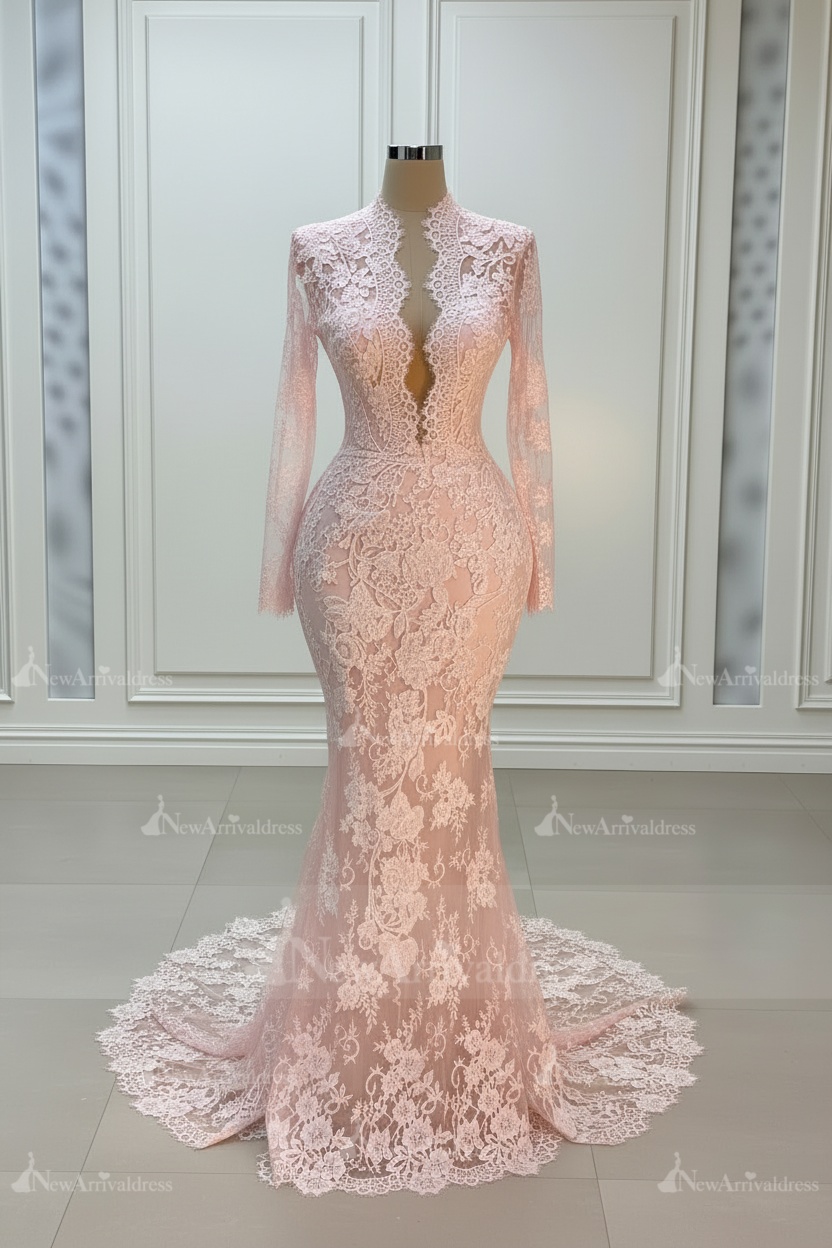 Chic Long Sleeves Lace Mermaid Bridal Gown Deep V-neck Wedding Dresses