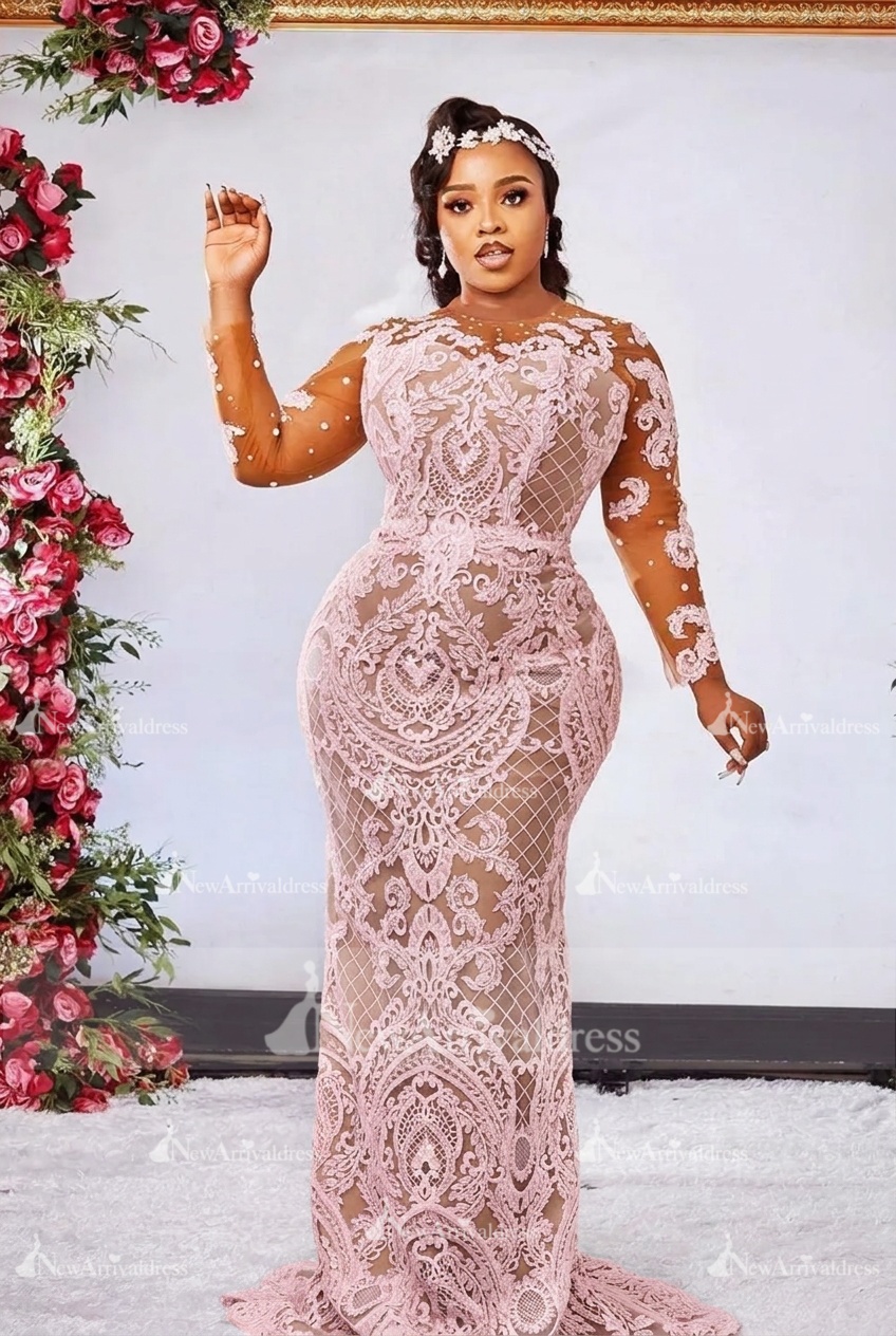 Gorgeous Crew Neck Lace Appliques Mermaid Wedding Dress with Sleeves Crystal Bridal Gown