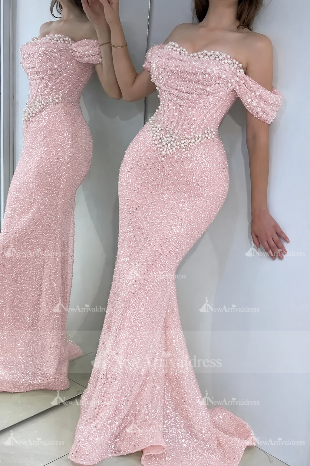 Gorgeous Off-the-Shoulder Sequins Pearls Bodycon Prom Dress Glitter Sweetheart Evening Dress
