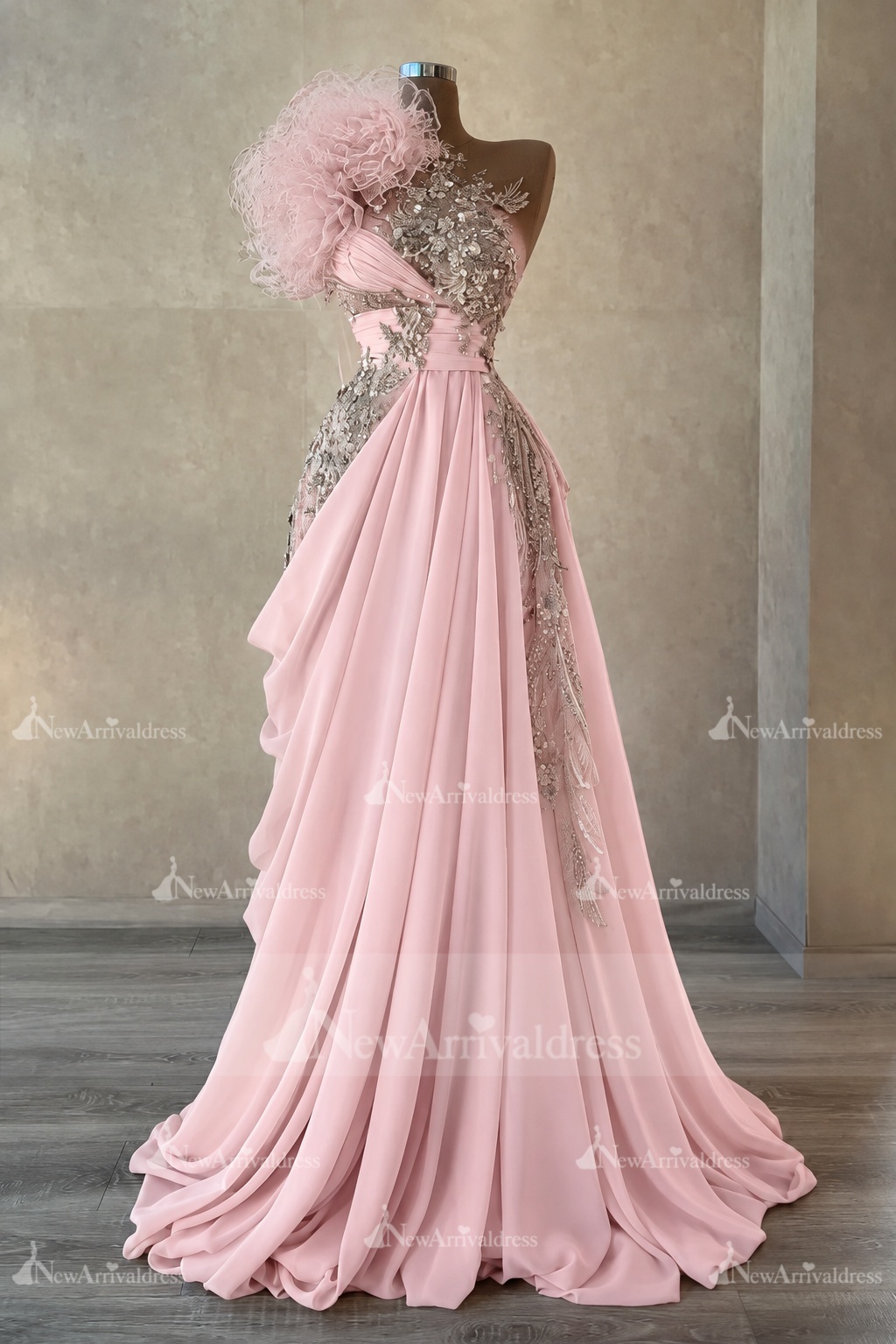 Stunning One Shoulder Flowers Ruched Satin Evening Dress Appliques Aline Party Dress