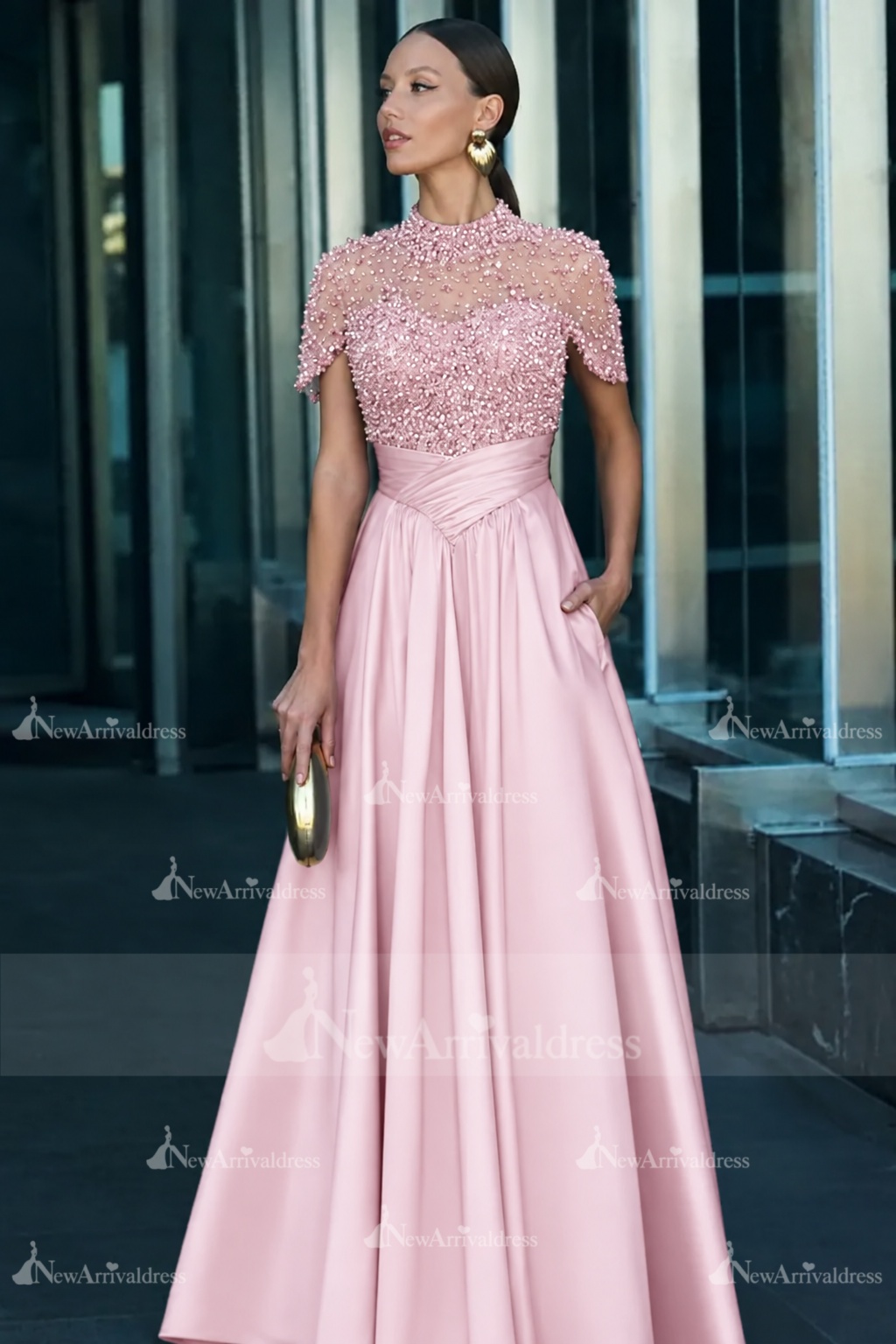 Dark Green Short Sleeves  Satin A-line Evening Dress with Beadings