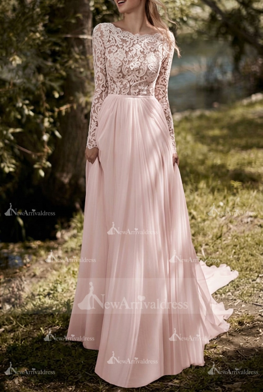 Boho Wedding Dresses Jewel Neck Long Sleeve A Line Floor Length Chffion Bridal Dress For Beach Wedding