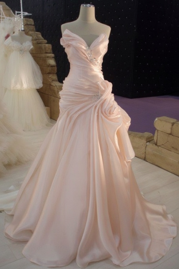 Ruffles Cream Satin Wedding Dress with Beadings Elegant Long Bridal Dress JT067a