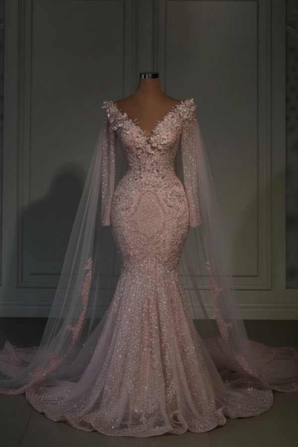 Gorgeous Long Sleeves Mermaid Wedding Gowns Glitter Sequins Garden Bridal Dresses