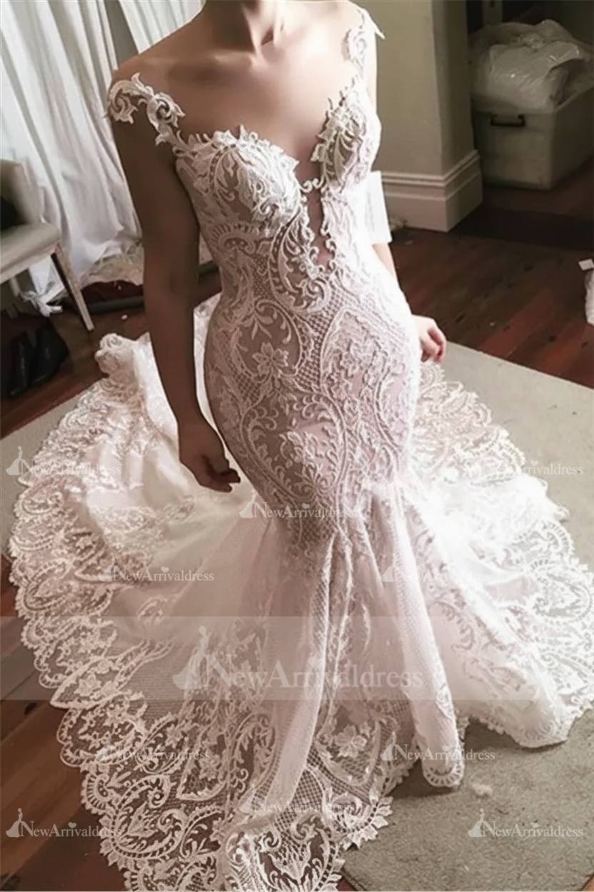 Sexy Lace Mermaid Wedding Dress | Glamorous Sheer Tulle Bridal Gowns with Buttons