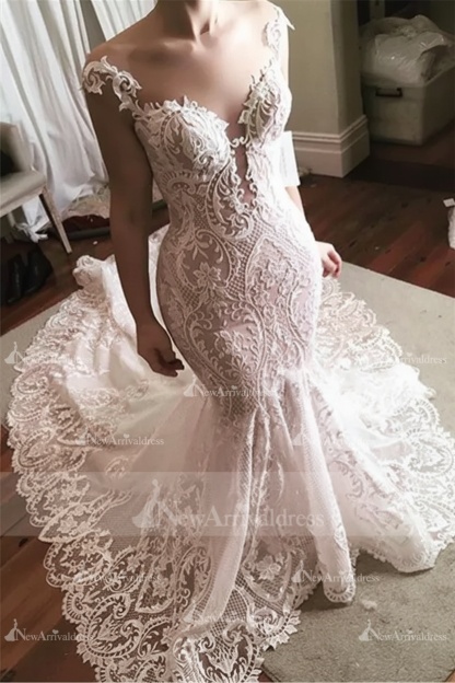 Sexy Lace Mermaid Wedding Dress | Glamorous Sheer Tulle Bridal Gowns with Buttons