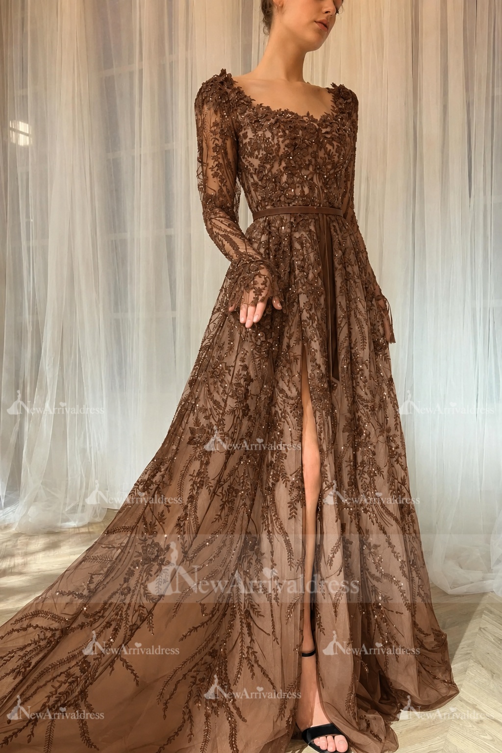 Elegant Black Sequins Aline Evening Dress with Sleeves