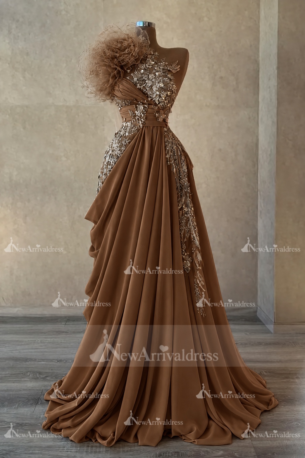 Stunning One Shoulder Flowers Ruched Satin Evening Dress Appliques Aline Party Dress