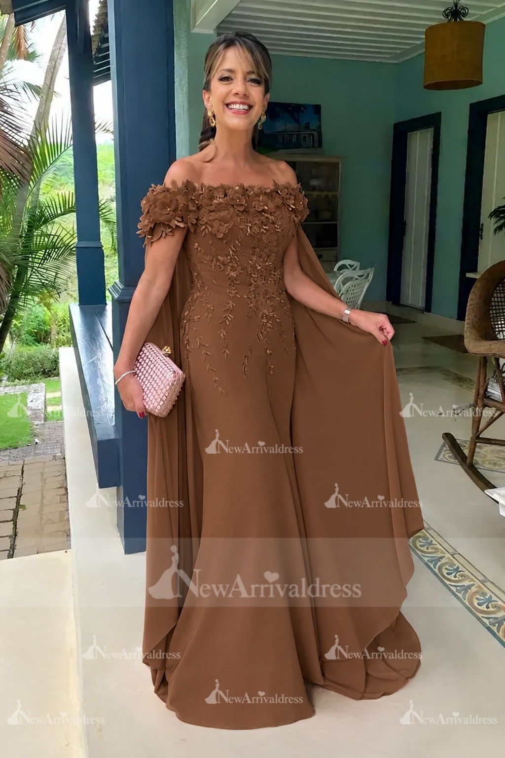 Off-the-Shoulder Pink Chiffon Flowers Long Mother of the Bride Dress with Cape