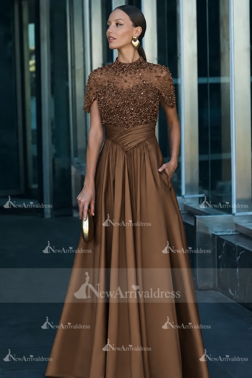 Dark Green Short Sleeves  Satin A-line Evening Dress with Beadings
