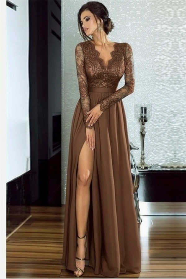 Sexy Slit Long Sleeve Formal Dress Online | Black Lace V-neck Prom Dresses FB0191