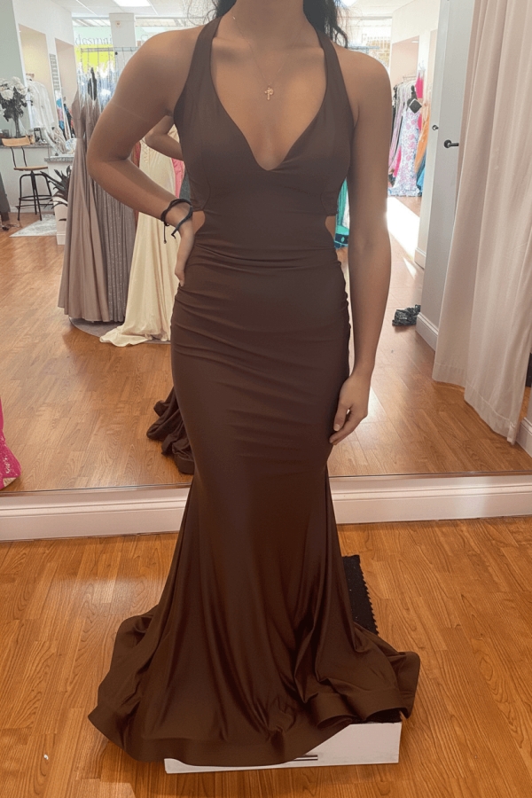 Modest Mermaid Halter V-neck Satin Open Back Prom Dress