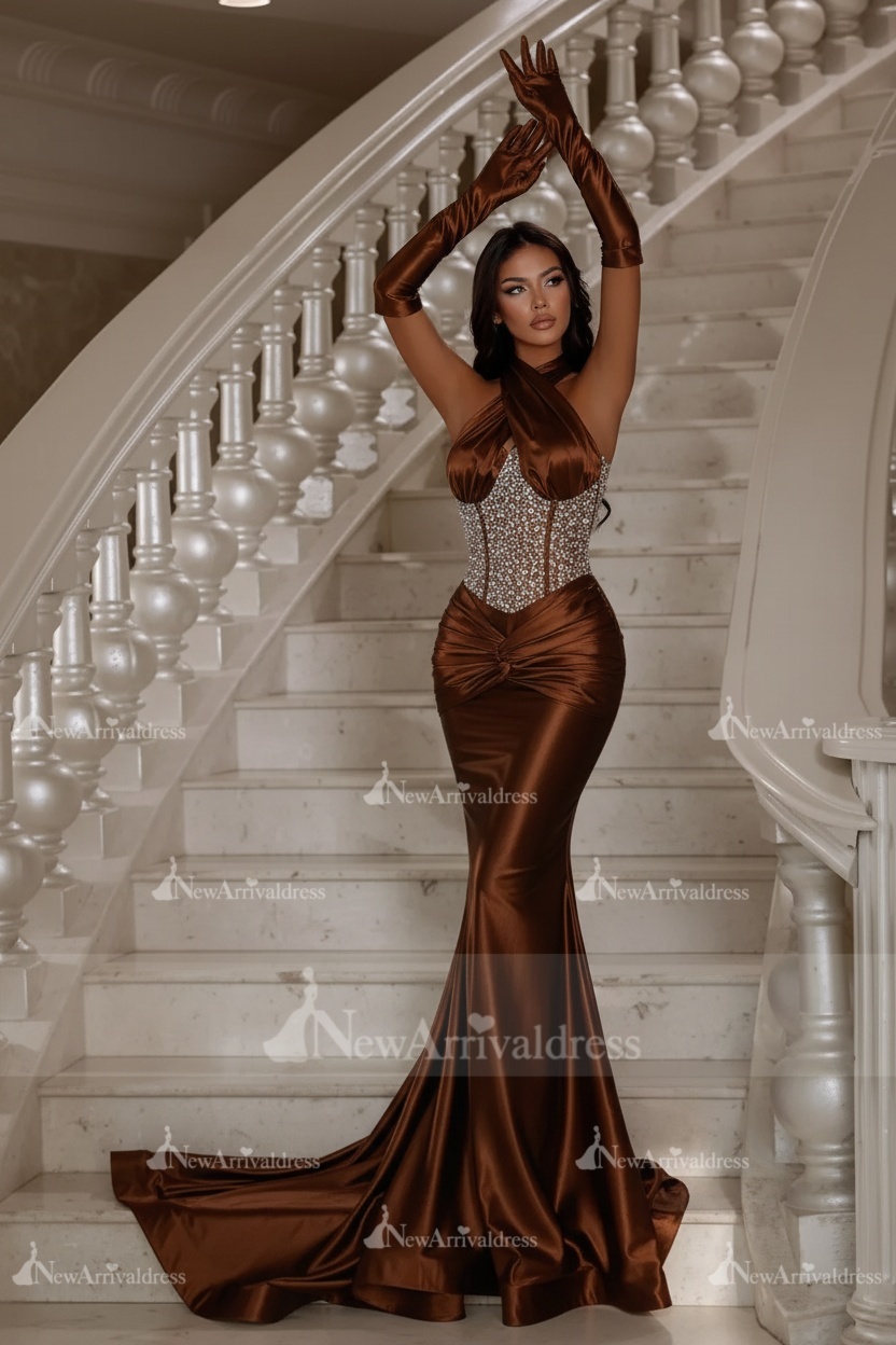 Halter Shiny Ruched Satin Mermaid Prom Dress Crystals Floor Length Evening Dress