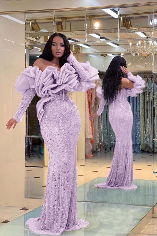 Prom Dress Purple Bubble Sleeves Long Strapless Sequins Beading