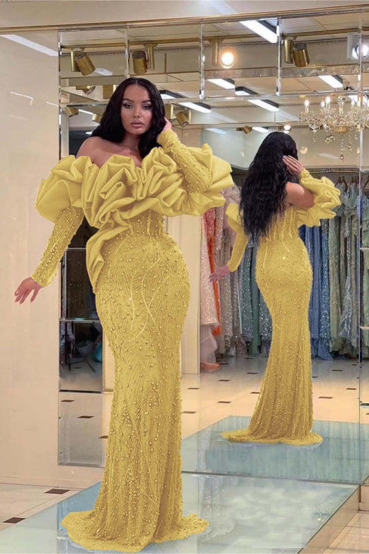 Prom Dress Purple Bubble Sleeves Long Strapless Sequins Beading