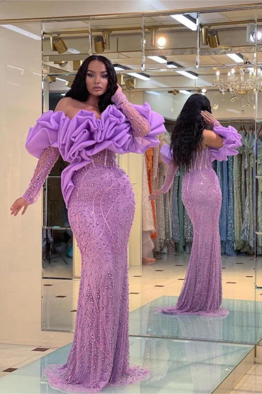 Prom Dress Purple Bubble Sleeves Long Strapless Sequins Beading