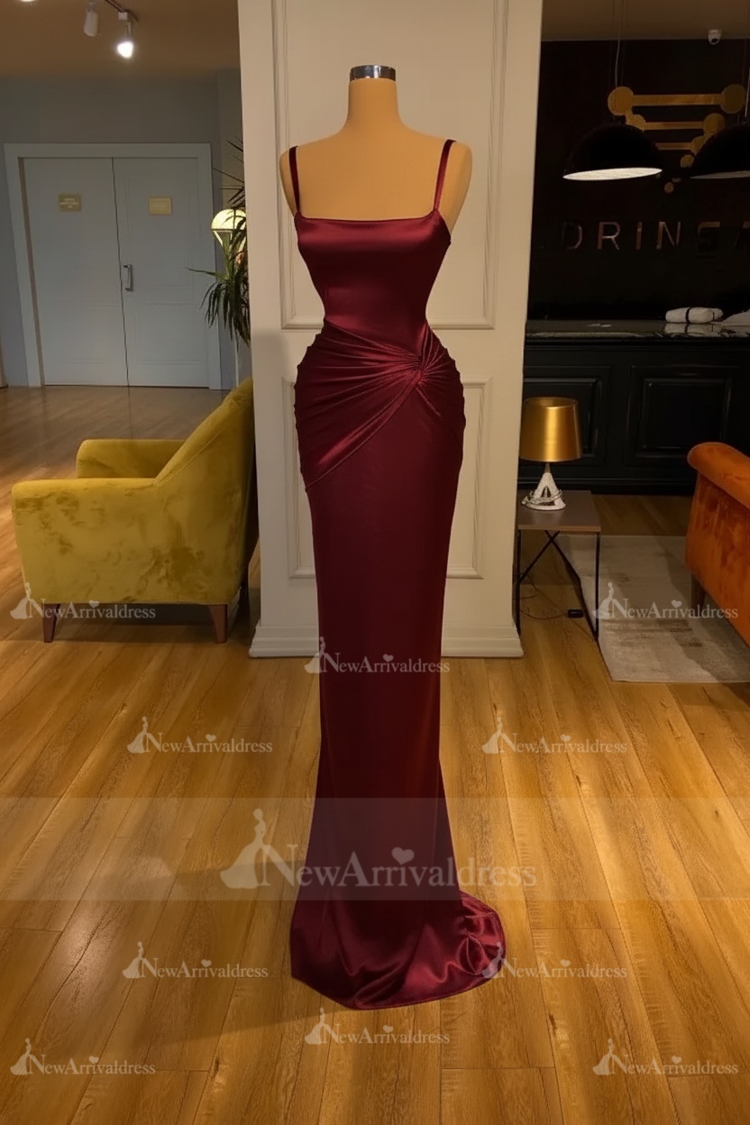 Chic Sky Blue Square Neck Slim Evening Party Wear Dress Sleeveless Satin Prom Dress