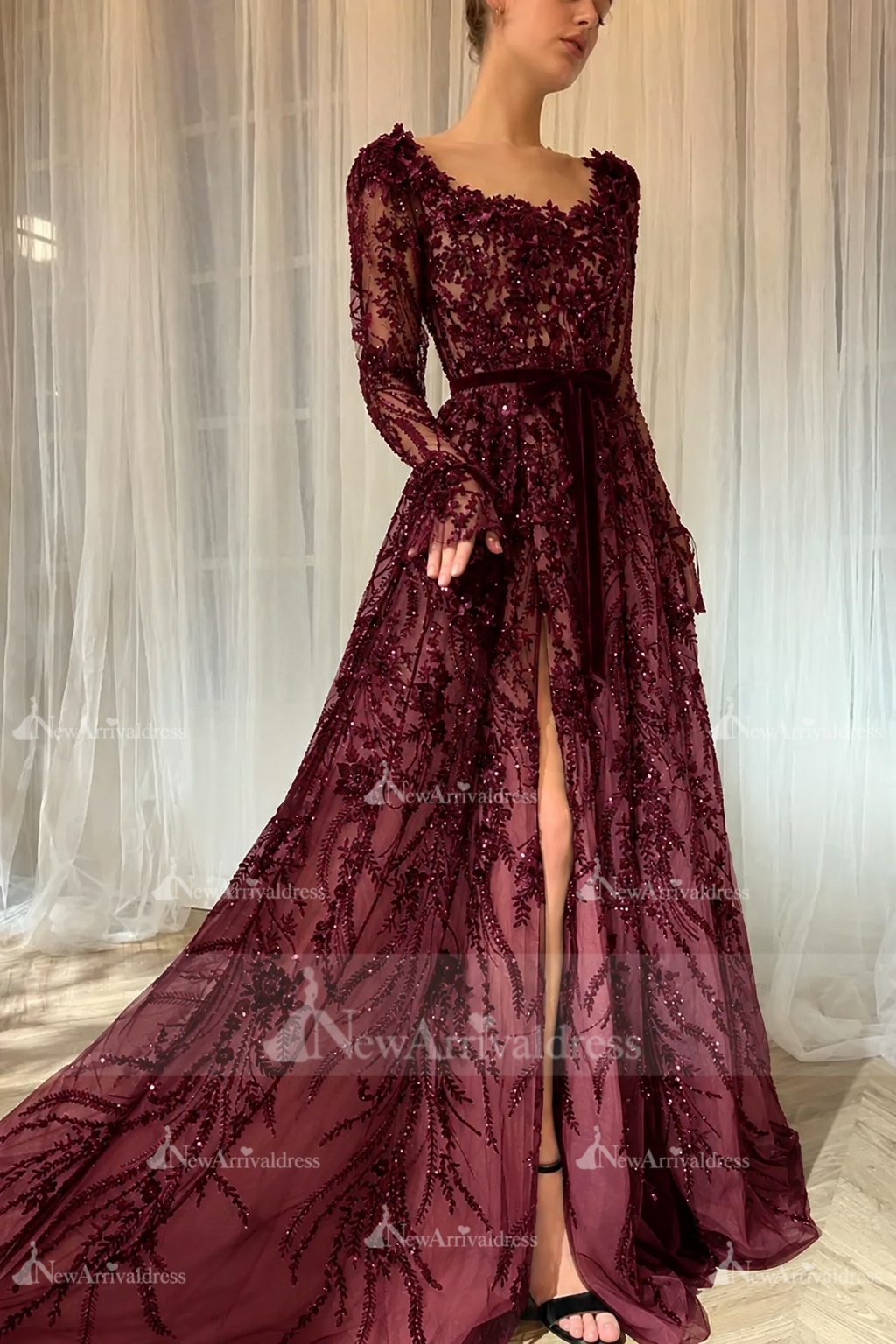Elegant Black Sequins Aline Evening Dress with Sleeves