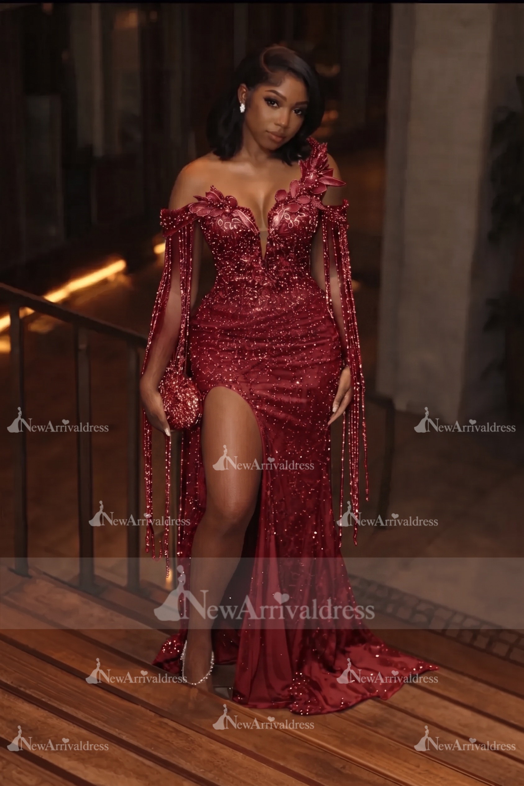 Asymmetric  Sequins Prom Dress Sleeveless Mermaid Gold Evening Gown with Tassels