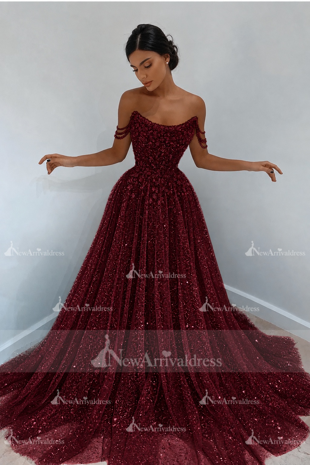 Beautiful Long A-line Sweetheart Sequined Prom Dress Off Shoulder Sky Blue Long Evening Dress