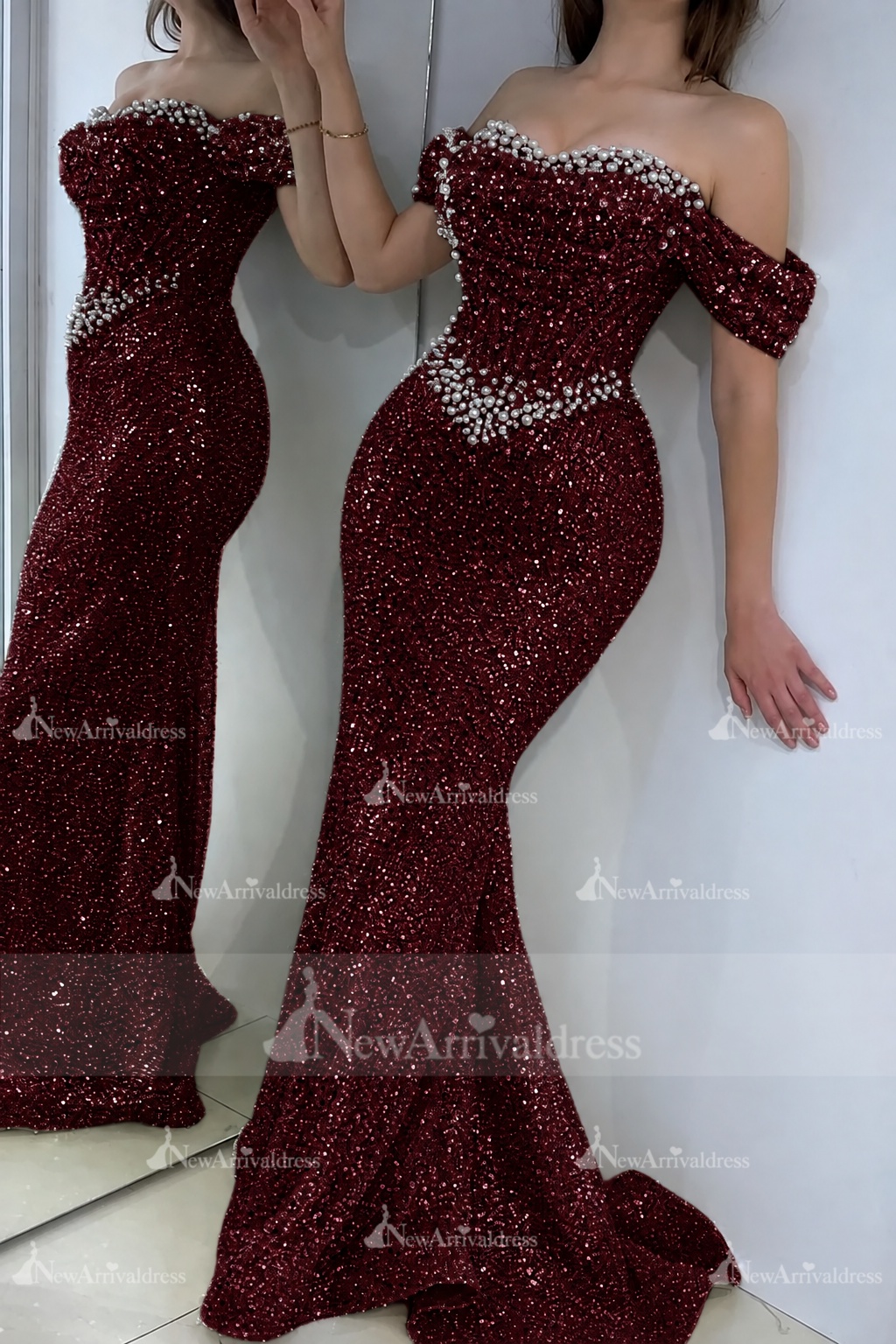 Gorgeous Off-the-Shoulder Sequins Pearls Bodycon Prom Dress Glitter Sweetheart Evening Dress