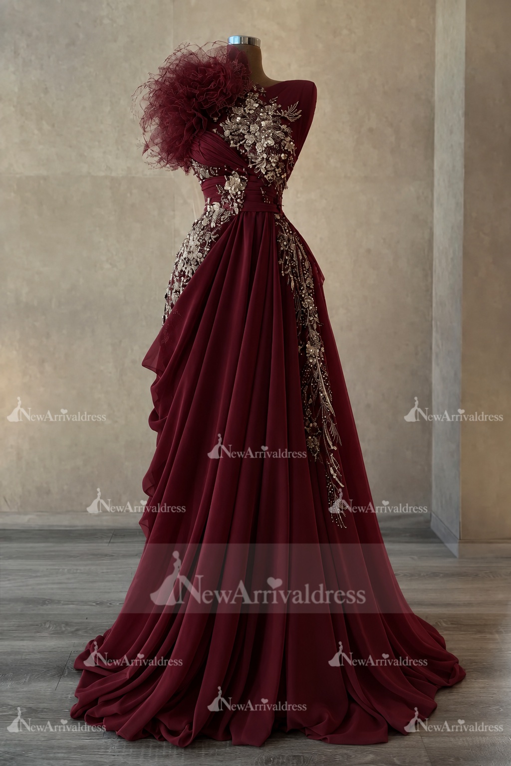 Stunning One Shoulder Flowers Ruched Satin Evening Dress Appliques Aline Party Dress