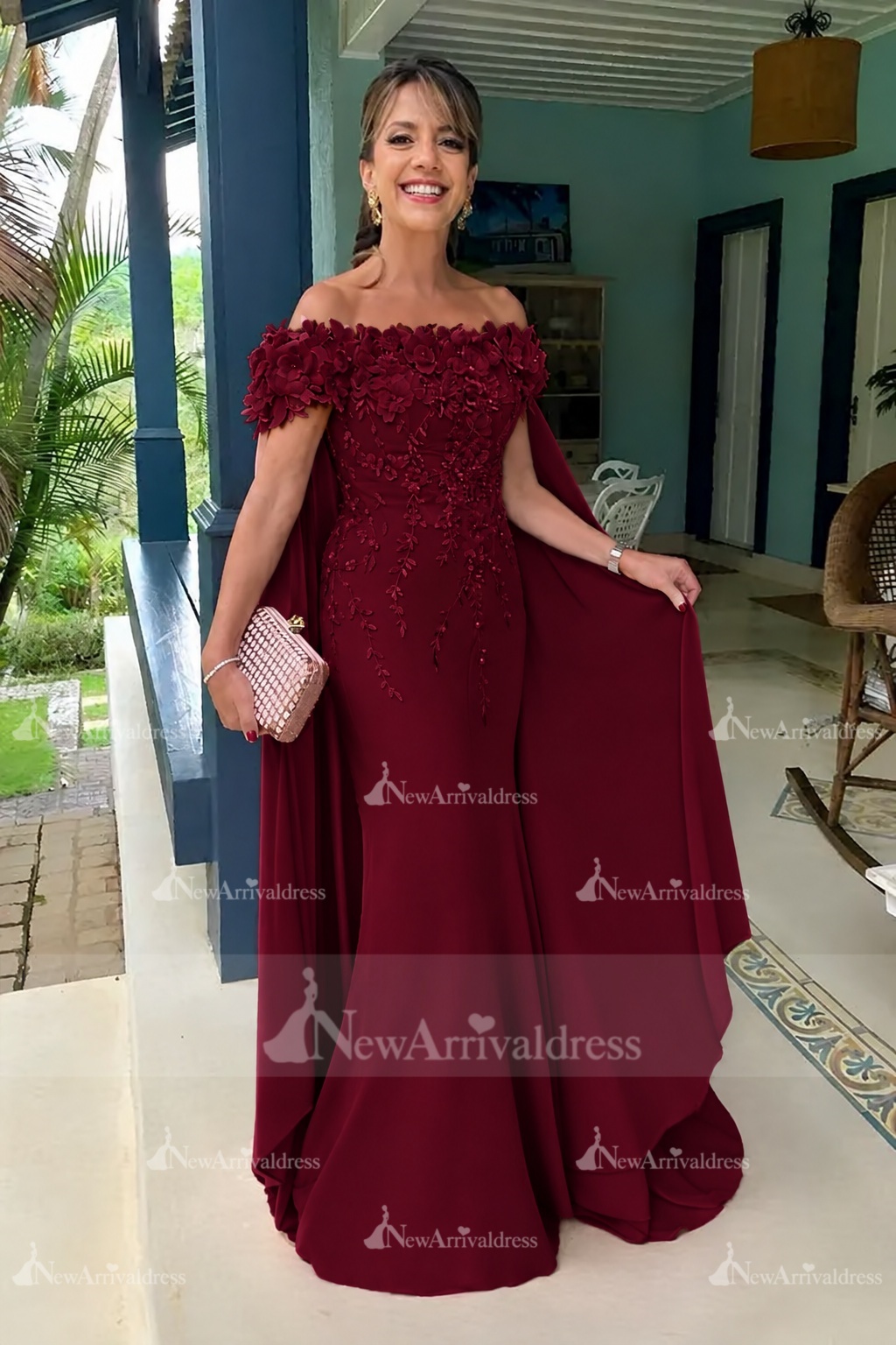 Off-the-Shoulder Pink Chiffon Flowers Long Mother of the Bride Dress with Cape