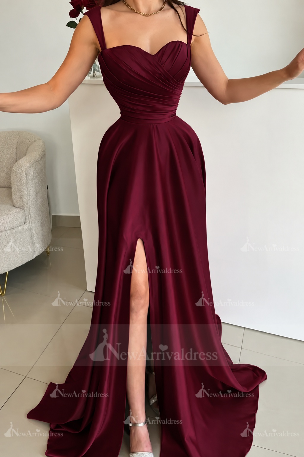 Red Sweetheart Ruffle Satin Front Slit Prom Dresses with Straps