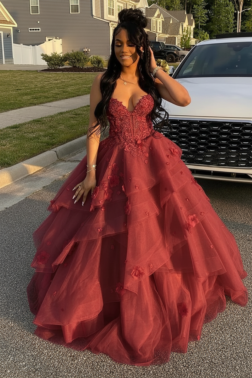 Burgundy Spaghetti Straps Tulle Aline Prom Dress Floral Tiered Ruffles Corset Formal Dress