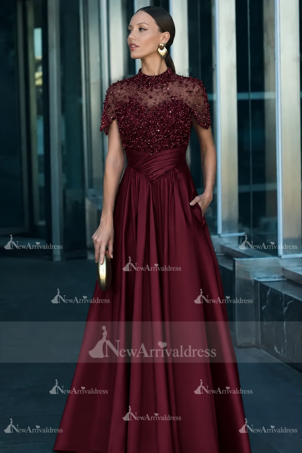 Dark Green Short Sleeves  Satin A-line Evening Dress with Beadings
