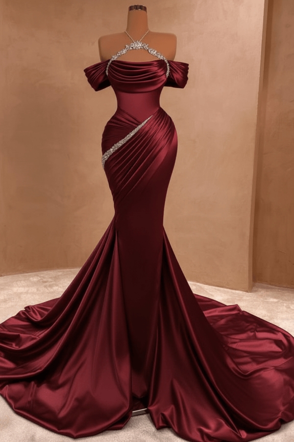 Charming Off-the-Shoulder Ruched Satin Long Prom Dress Glitter Sequins Sheath Evening Gown