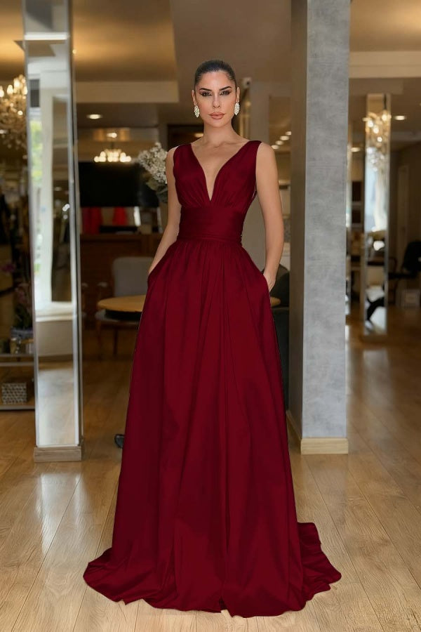 Satin Aline Evening Dress Sleeveless V-neck Prom Dress with Pockets